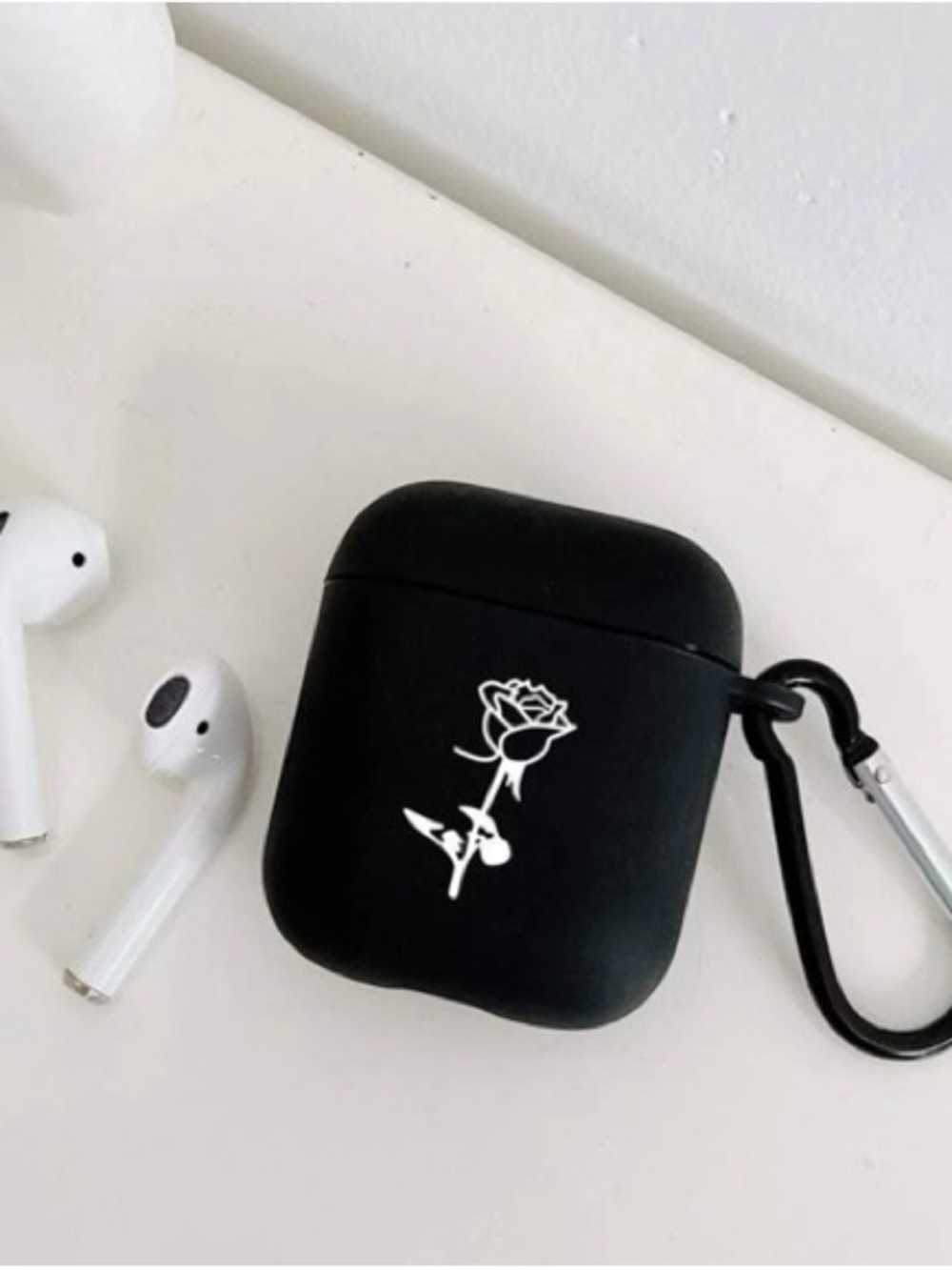 Black Rose AirPods Case with Carabiner